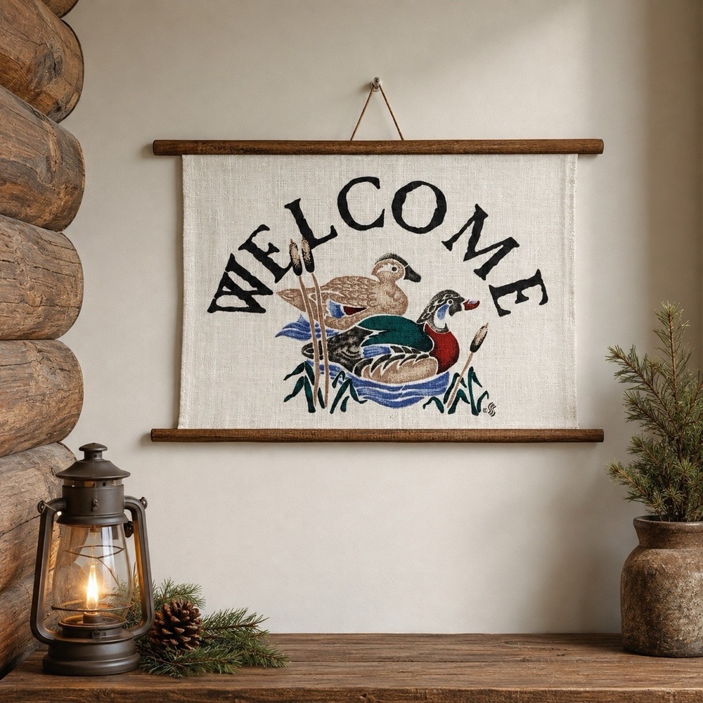 VTG Cabincore Fabric Welcome Wall Hanging Mallard Ducks Cabin Decor Grandpa 18"